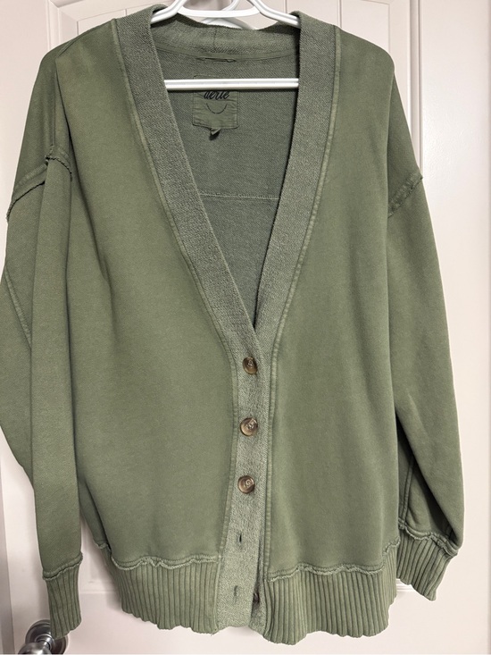 aerie Sweaters - Aerie Fleece Cardigan - Olive Green V-Neck Button